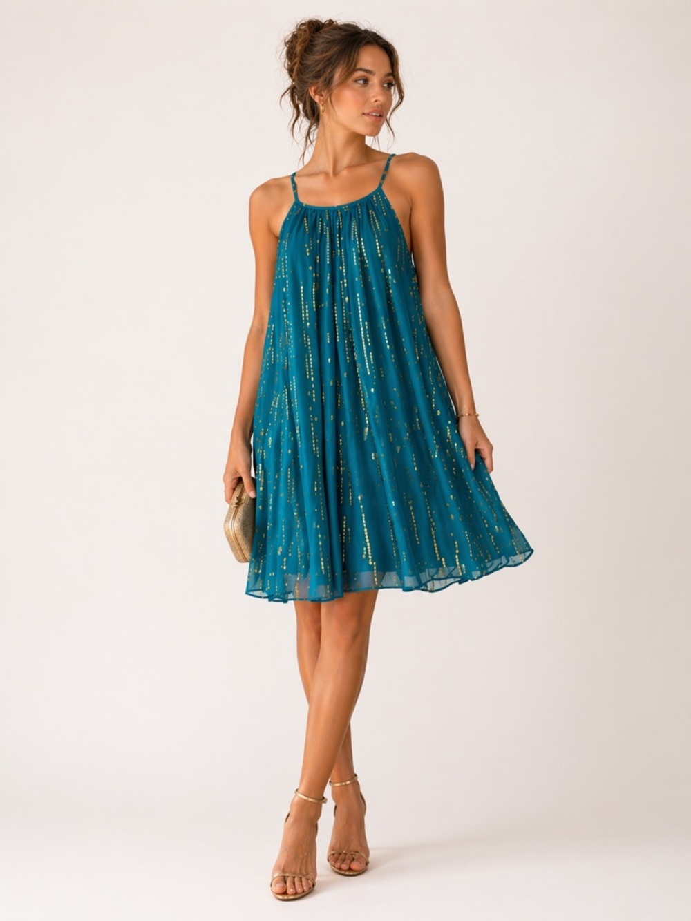 Milly Silk Teal Metallic Dress Sleeveless Flowy Mini Cocktail Wedding Guest